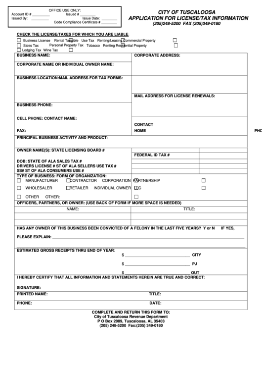 Application For License/tax Information - City Of Tuscaloosa Printable pdf