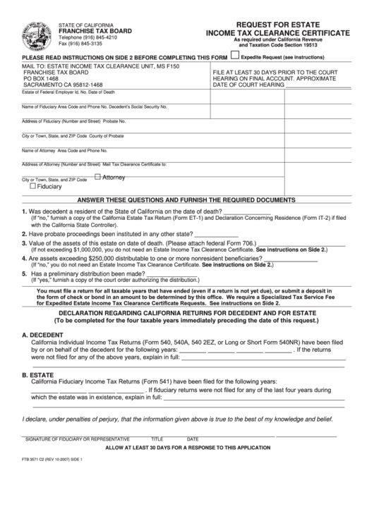 Form Ftb 3571 C2 - Request For Estate Income Tax Clearance Certificate - 2007 Printable pdf