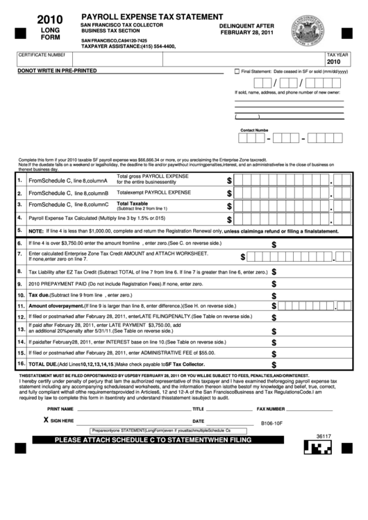 Fillable 2010 Long Form - Payroll Expense Tax Statement Printable pdf