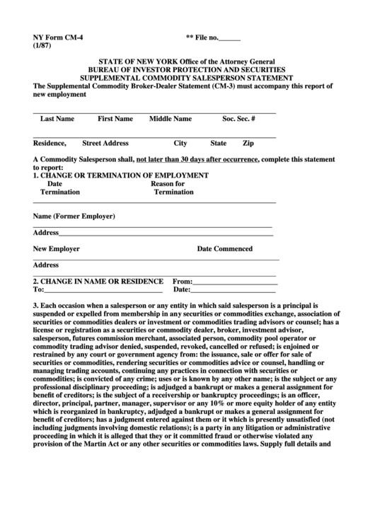 Form Cm-4 - Supplemental Commodity Salesperson Statement Printable pdf