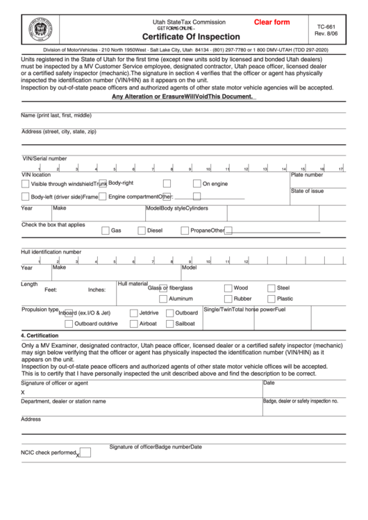 Fillable Form Tc-661 - Certificate Of Inspection Form - Utah State Tax Commission Printable pdf