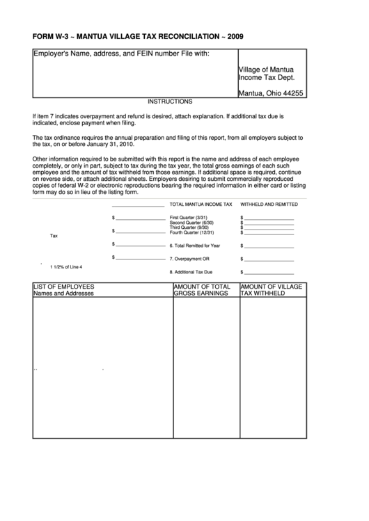 Form W-3 - Mantua Village Tax Reconciliation - 2009 Printable pdf
