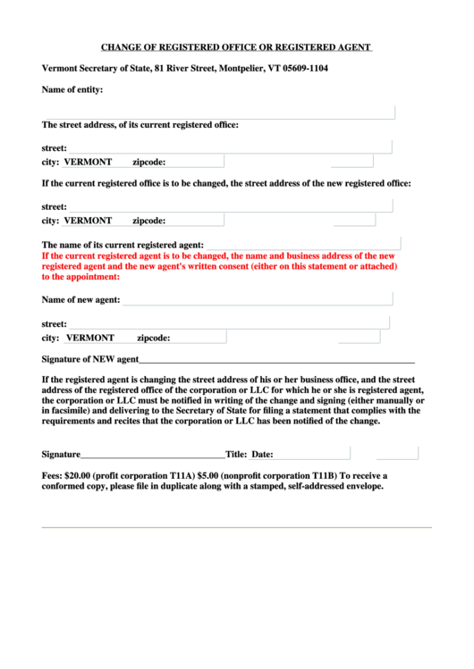 Form For Change Of Registered Office Or Registered Agent Printable pdf