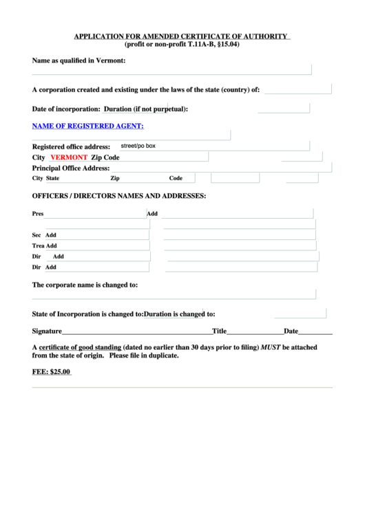 Application For Amended Certificate Of Authority Printable pdf