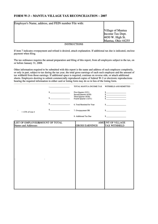 Form W-3 - Mantua Village Tax Reconciliation - 2007 Printable pdf