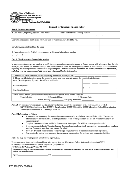 Form Ftb 705 - Request For Innocent Spouse Relief Form - 2006 Printable pdf
