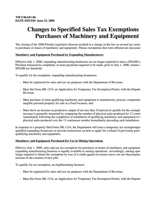 Changes Form To Specified Sales Tax Exemptions On Purchases Of Machinery And Equipment Printable pdf