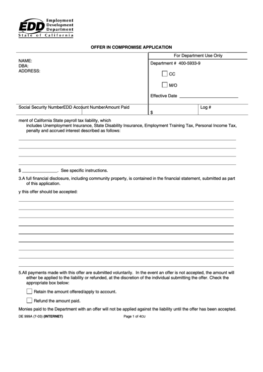 Form De 999a - Offer In Compromise Application Printable pdf