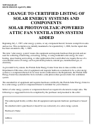 Change To Certified Listing Of Solar Energy Systems And Components - Solar Photovoltaic-powered Attic Fan Ventilation System Added
