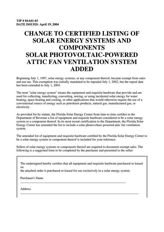 Change To Certified Listing Of Solar Energy Systems And Components - Solar Photovoltaic-Powered Attic Fan Ventilation System Added Printable pdf
