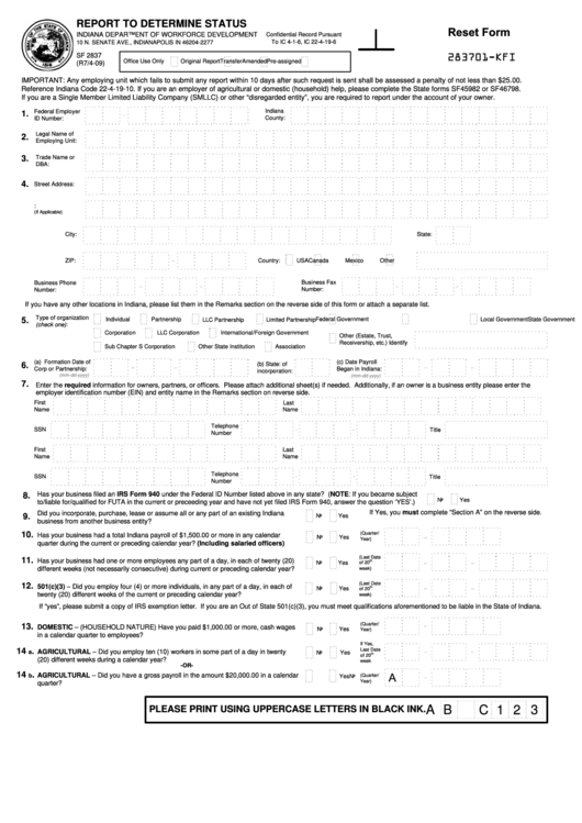 Fillable Form Sf 2837 - Report To Determine Status - Indiana Department Of Workforce Development Printable pdf