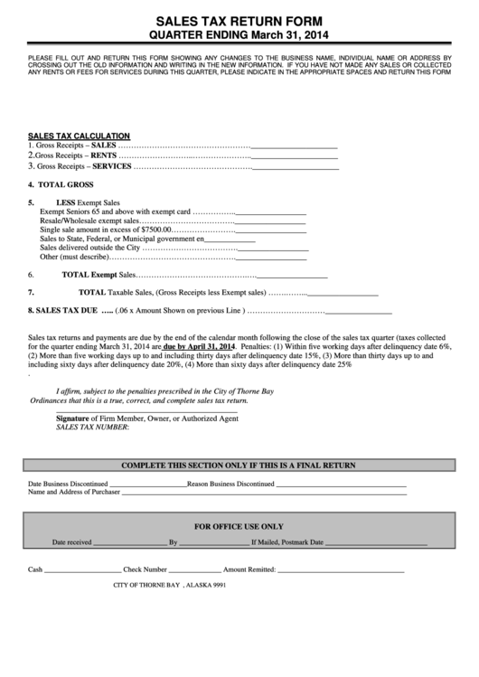 Sales Tax Return Form - City Of Thorne Bay - 2014 Printable pdf