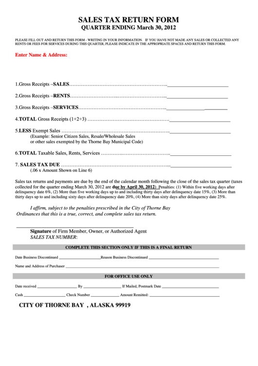 Sales Tax Return Form - City Of Thorne Bay - 2012 Printable pdf