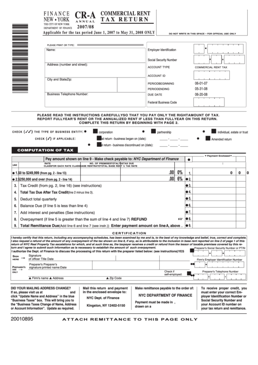 Form Cr-A - Commercial Rent Tax Return - 2007/08 Printable pdf