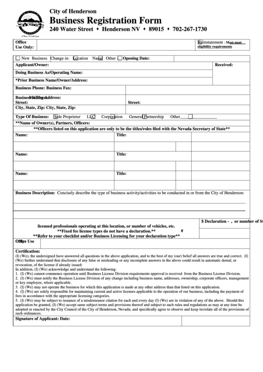 Business Registration Form - City Of Henderson Printable pdf