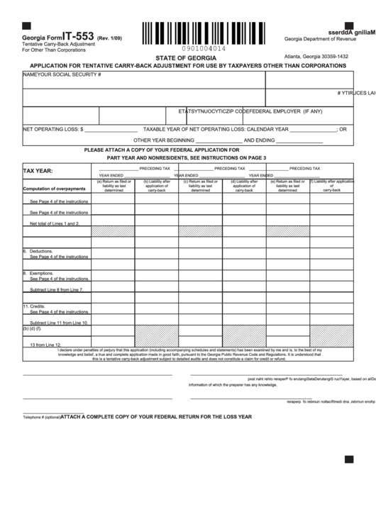 Georgia Form It-553 - Application For Tentative Carry-Back Adjustment For Use By Taxpayers Other Than Corporations - 2009 Printable pdf
