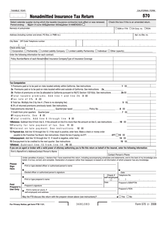 Fillable California Form 570 - Nonadmitted Insurance Tax Return ...