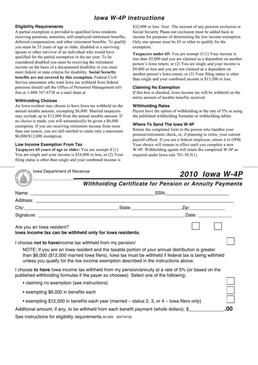 Iowa Form W-4p - Withholding Certificate For Pension Or Annuity Payments - 2010 Printable pdf