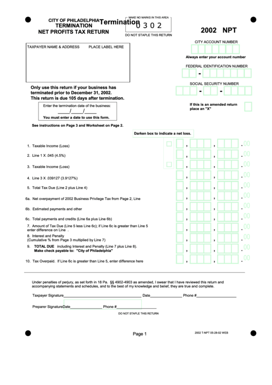 Form T-Npt - Termination Form - Net Profits Tax Return Printable pdf