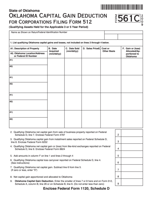 Fillable Form 561c - Oklahoma Capital Gain Deduction For Corporations Filing Form 512 - 2009 Printable pdf