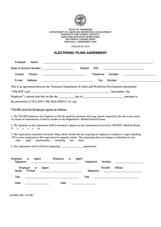 Form Lb-0962 - Electronic Filing Agreement Form - State Of Tennessee Department Of Labor And Workforce Development Printable pdf