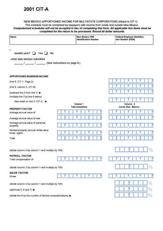 Form Cit - New Mexico Apportioned Income For Multistate Corporations - 2001 Printable pdf