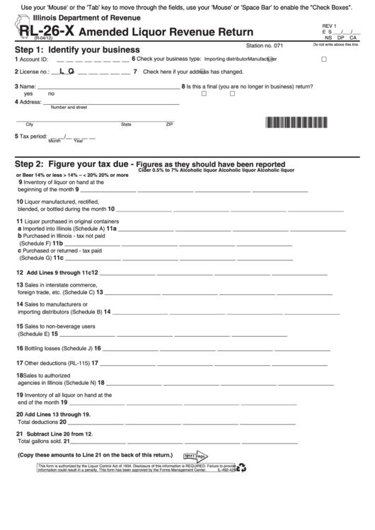 Fillable Form Rl-26-X - Amended Liquor Revenue Return Printable pdf