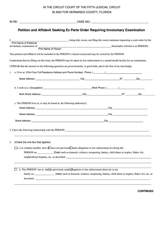 Fillable Petition And Affidavit Seeking Ex Parte Order Requiring Involuntary Examination Form - Hernando County, Florida Printable pdf