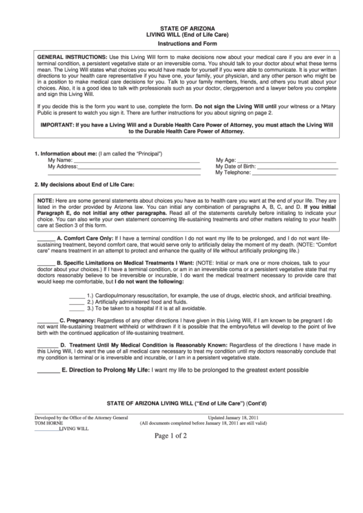 Fillable Living Will (End Of Life Care) Form - Arizona Printable pdf