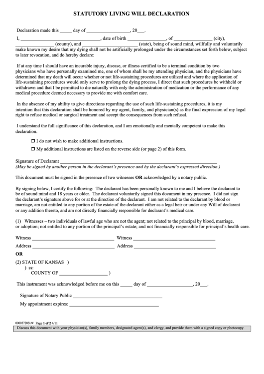 Statutory Living Will Declaration Form - Kansas Printable pdf