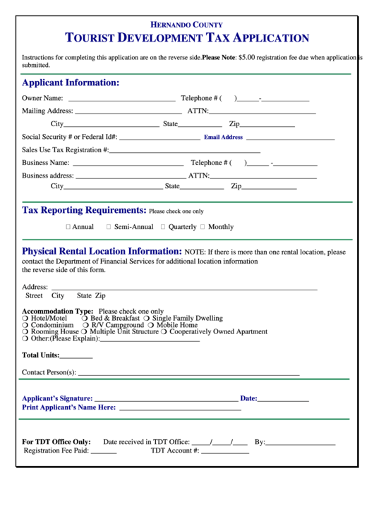 Tourist Development Tax Application Form - Hernando County, Florida Printable pdf