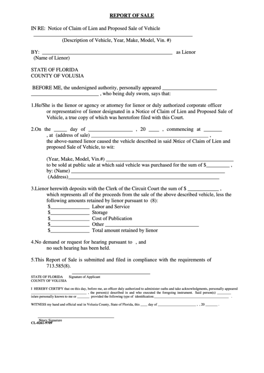 Fillable Form Cl-0261-9709 - Report Of Sale - Volusia County, Florida Printable pdf