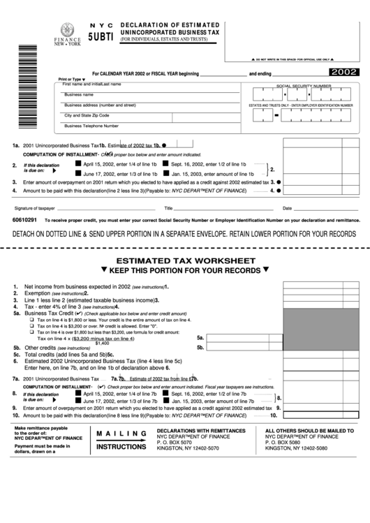 Form Nyc-5ubti - Declaration Of Estimated Unincorporated Business Tax - 2002 Printable pdf