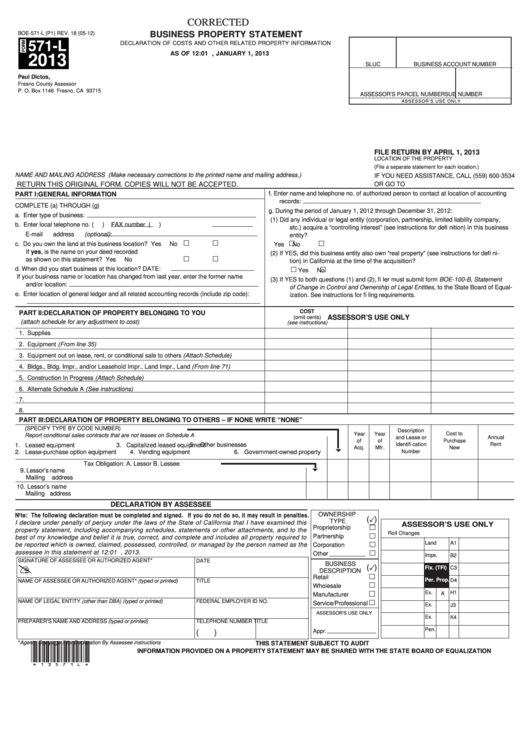 Form Boe-571-l - Business Property Statement - 2013