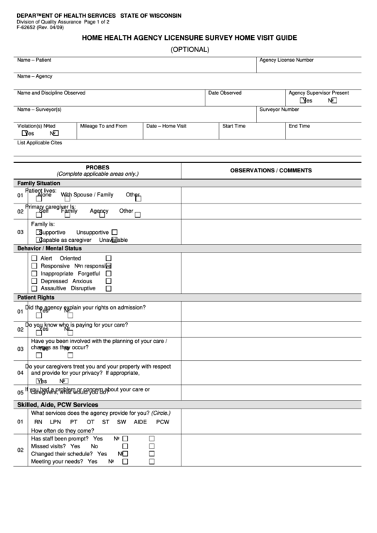 Form F-62652 - Home Health Agency Licensure Survey Home Visit Form Printable pdf