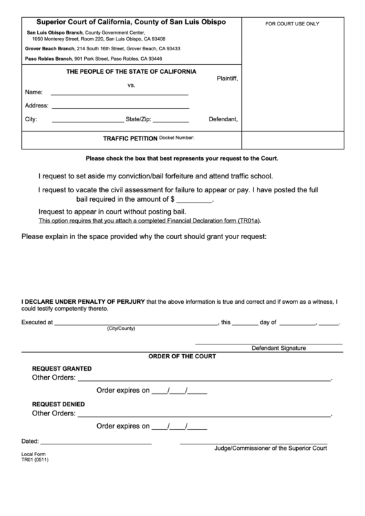 Fillable Form Tr01 - Traffic Petition Printable pdf
