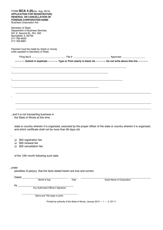 Fillable Form Bca 4.25 - Application Form For Registration, Renewal Or Cancellation Of Foreign Registration - Illinois Printable pdf
