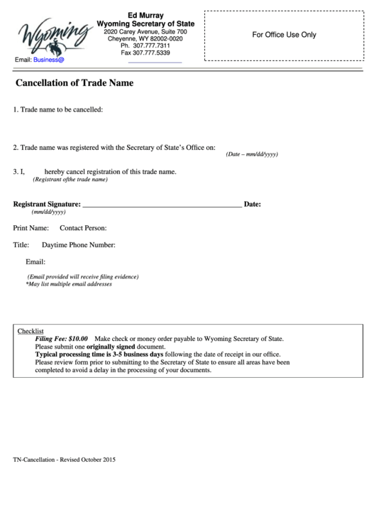 Fillable Cancellation Of Trade Name Form - Wyoming Secretary Of State - 2015 Printable pdf