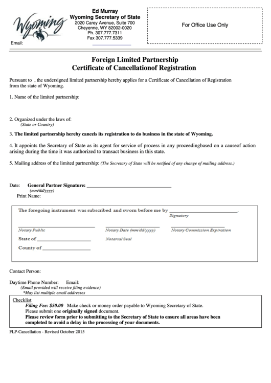 Fillable Form For Foreign Limited Partnership Certificate Of Cancellation Of Registration Printable pdf