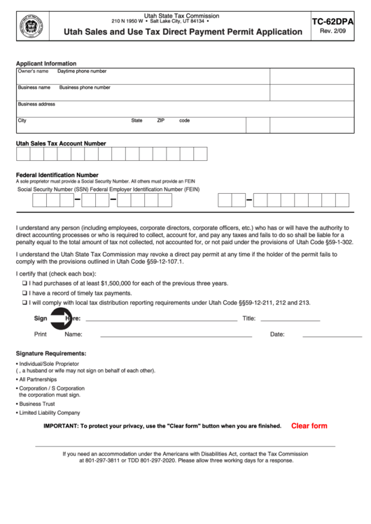 Fillable Form Tc-62dpa - Utah Sales And Use Tax Direct Payment Permit Application Printable pdf