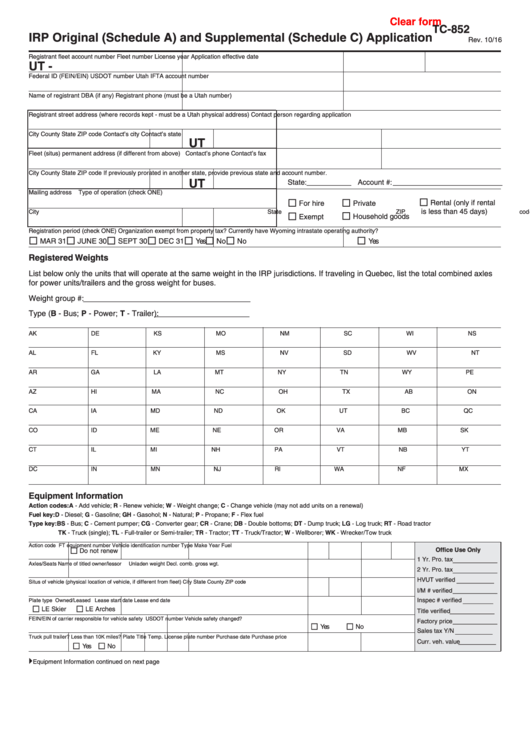 Form Tc-852 - Irp Original And Supplemental Application Forms