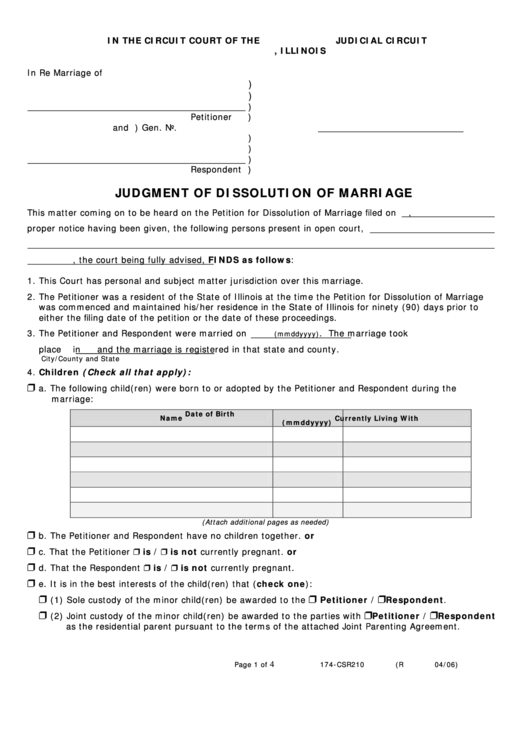 Fillable Judgment Of Dissolution Of Marriage Form printable pdf download