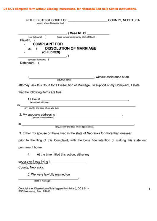 Complaint For Dissolution Of Marriage Form
