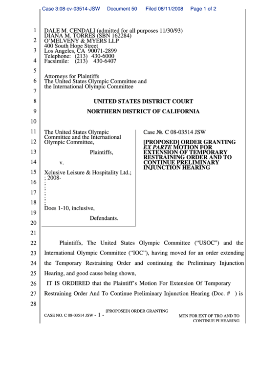 Extension Form For Temporary Restraining Order And To Continue Preliminary Injunction Hearing Printable pdf