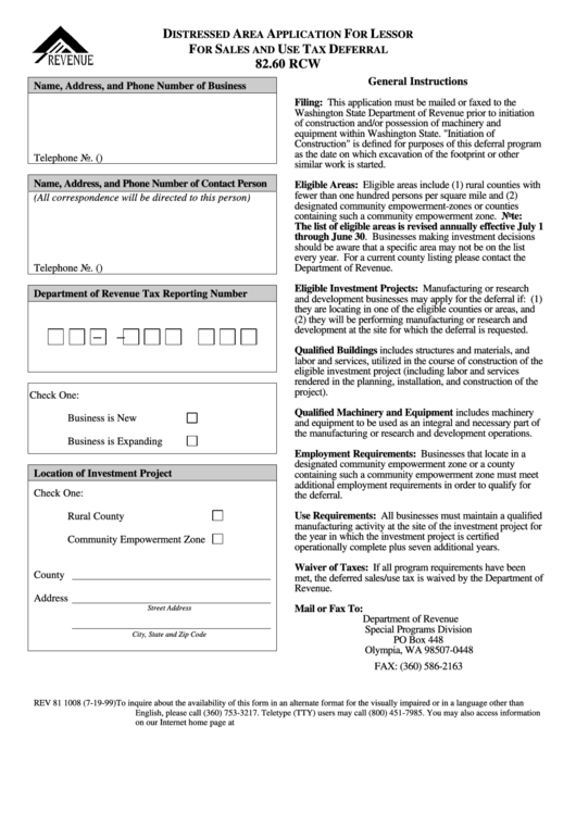 Form 81 1008 - Distressed Area Application Form For Lessor For Sales And Use Tax Deferral Printable pdf