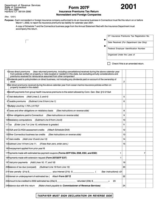 Form 207f - Insurance Premiums Tax Return Nonresident And Foreign Companies - 2001 Printable pdf