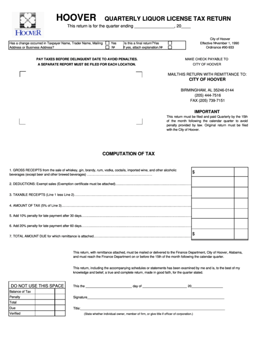 Quarterly Liquor License Tax Return Form Printable pdf