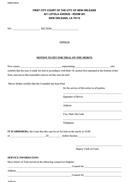 Fillable Form 1036ac - Form For Notice Of Trial Printable pdf