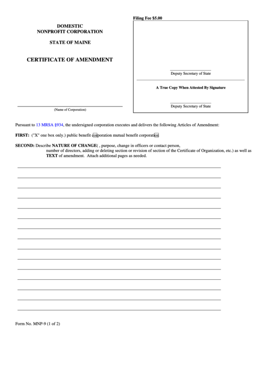 Fillable Form Mnp-9 - Certificate Of Amendment Printable pdf