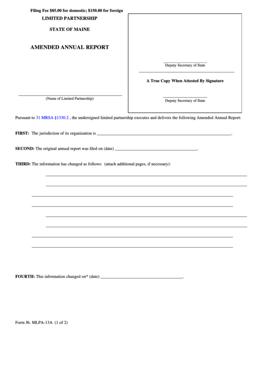 Fillable Form Mlpa-13a - Limited Partnership - Amended Annual Report Printable pdf